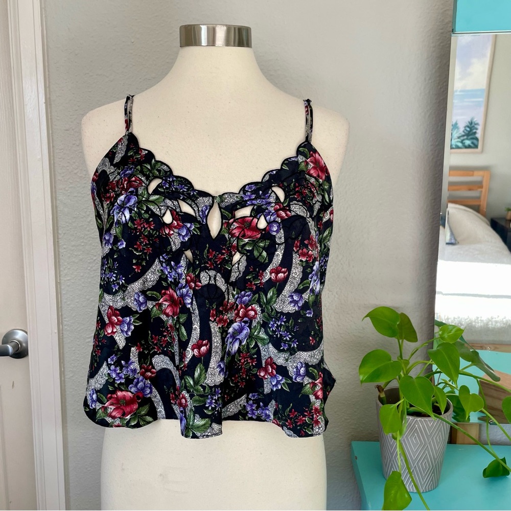 Vintage Gold Label Victoria's Secret Black Red Purple Floral Two Piece Satin Set